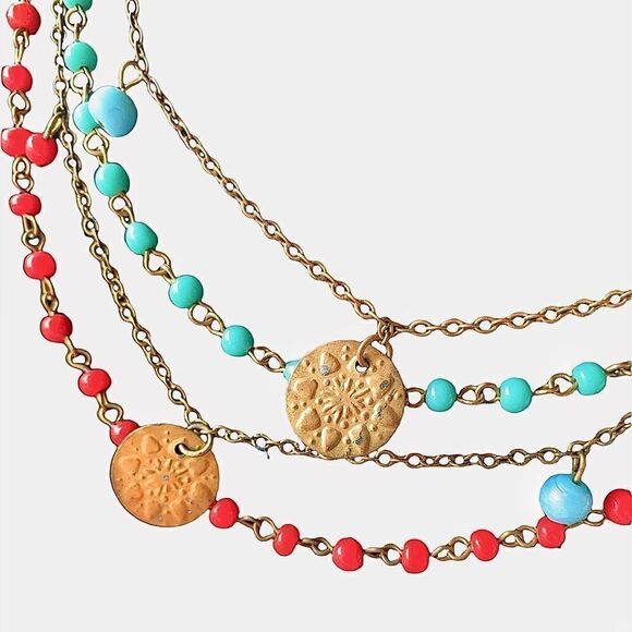 Vintage ethnic boho red & turquoise glass bead  gold coin chain necklace. 15.5” - Picture 6 of 7